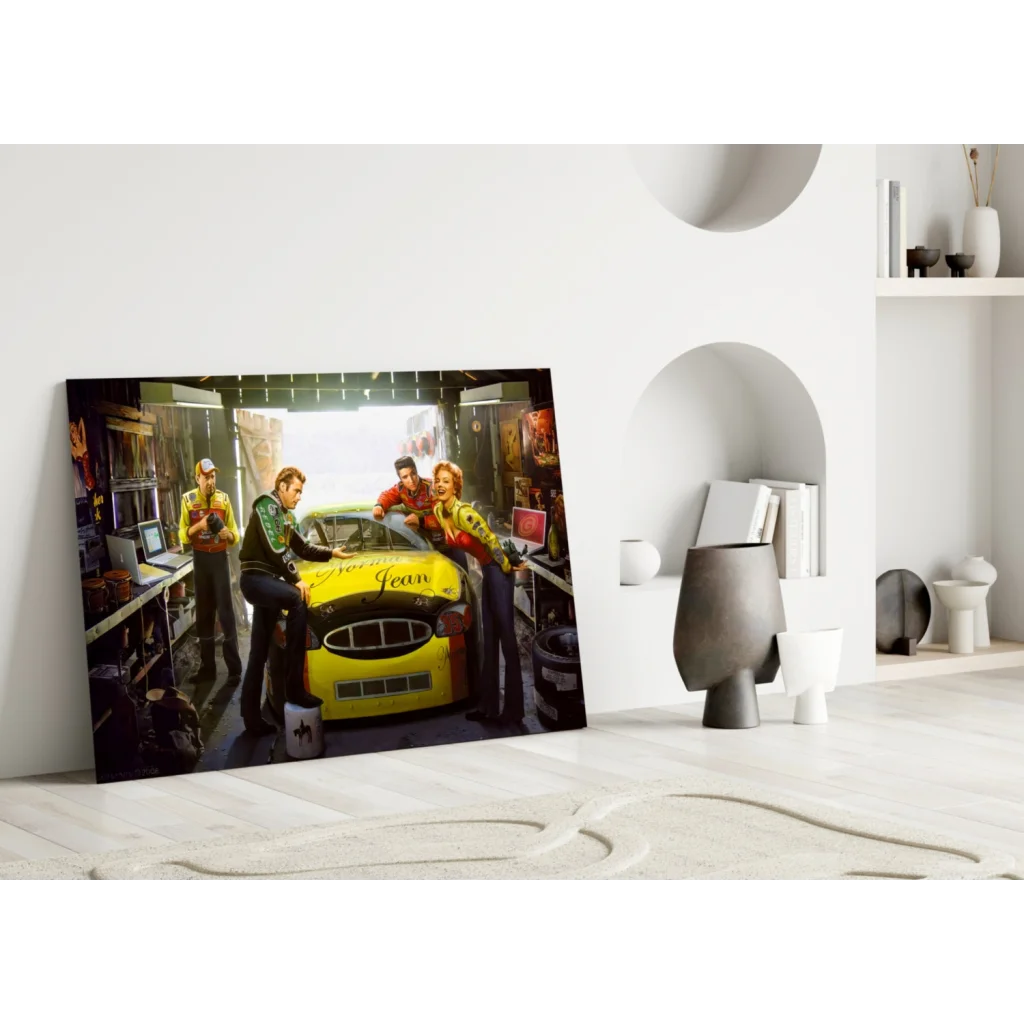 Vibrant yellow Norma Jean NASCAR glass wall art racing car in garage