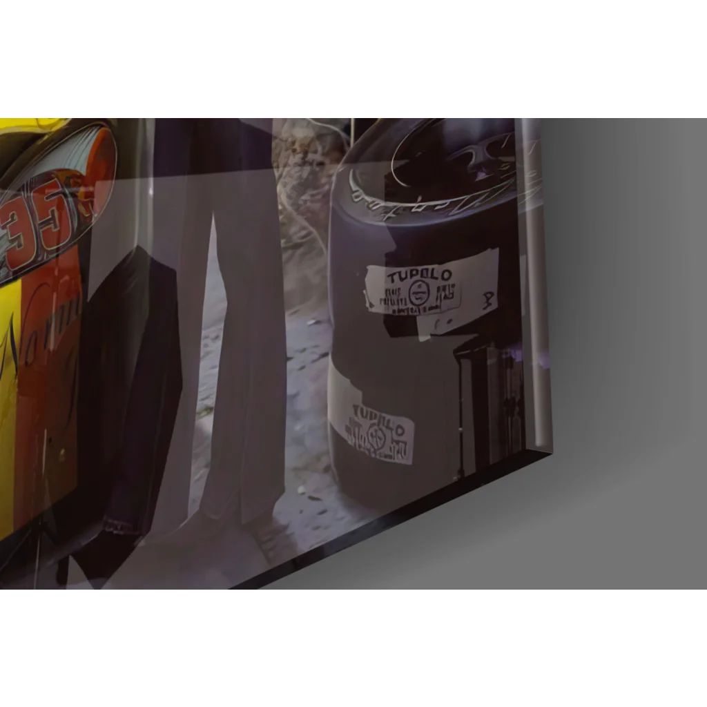 Norma Jean yellow NASCAR glass wall art with black tupelo tire print