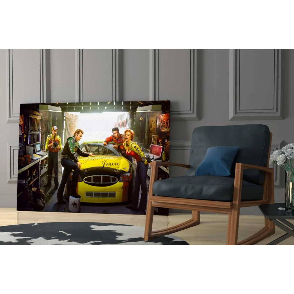 Yellow NASCAR Norma Jean race car glass wall art print