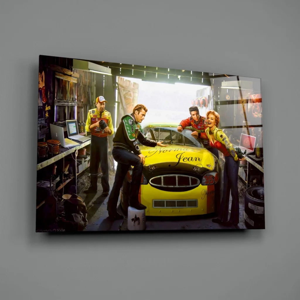Yellow Norma Jean NASCAR race car glass wall art print