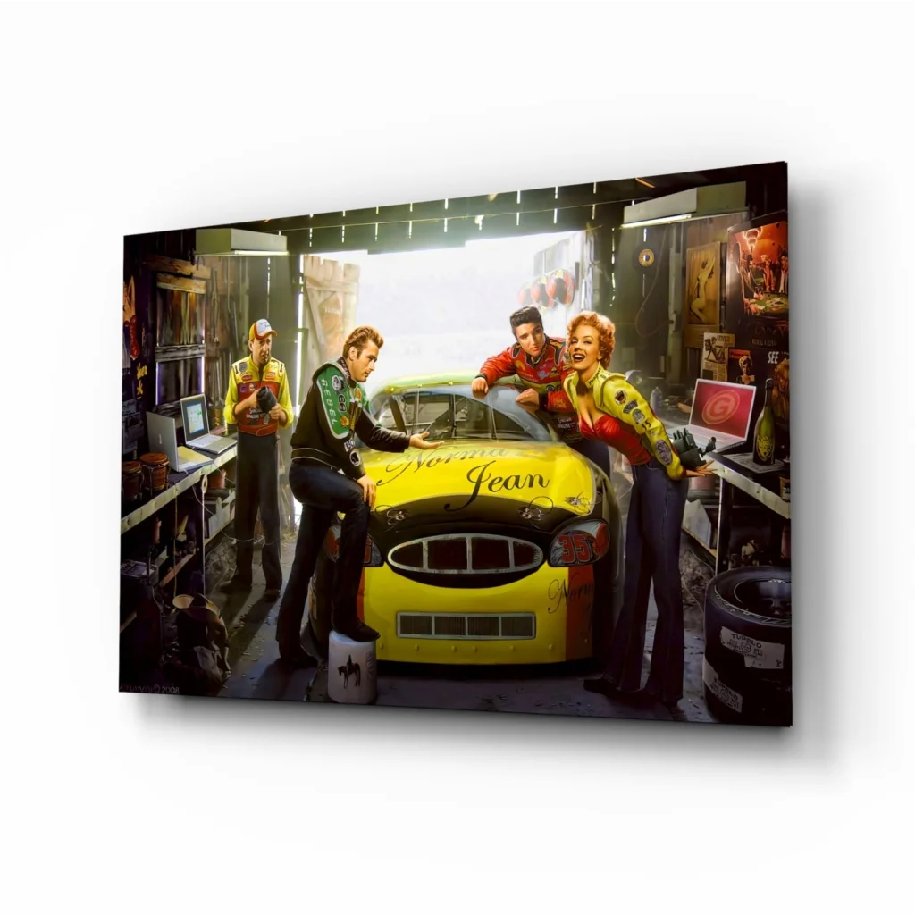 Vibrant yellow Norma Jean NASCAR glass wall art print