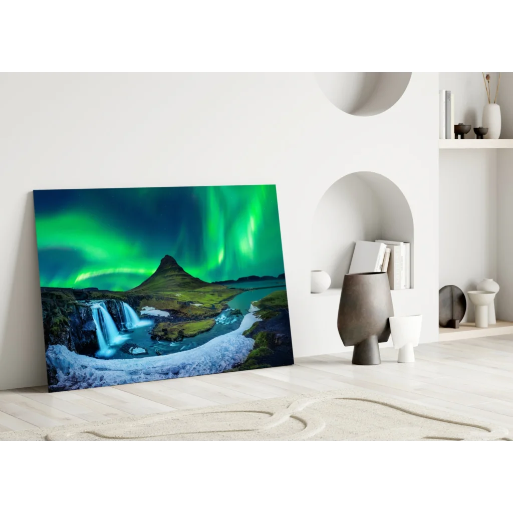 Vibrant aurora borealis waterfall glass wall art canvas print