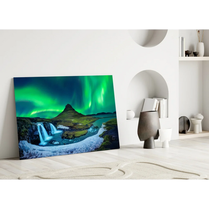 Vibrant aurora borealis waterfall glass wall art canvas print
