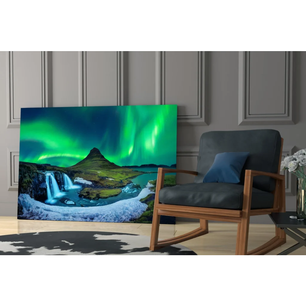 Vibrant aurora borealis glass wall art canvas with mountain waterfall and icy terrain