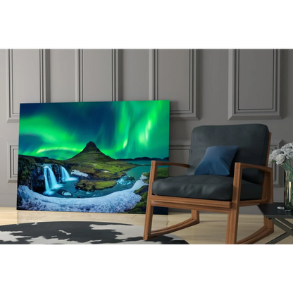 Vibrant aurora borealis glass wall art canvas with mountain waterfall and icy terrain