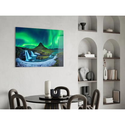 Vibrant green aurora borealis glass wall art on white wall