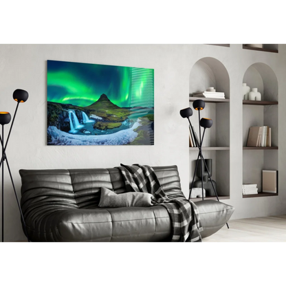 Vibrant aurora borealis glass wall art with waterfall and mountains