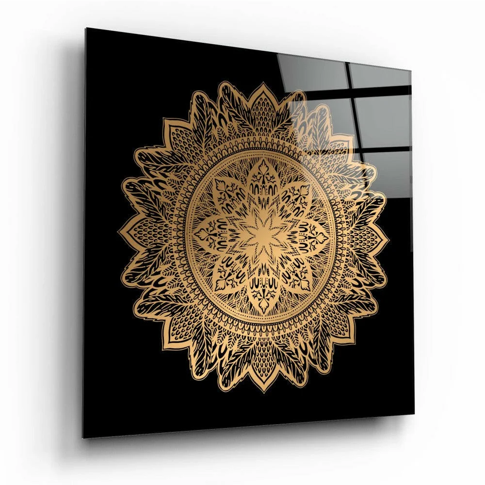 Stunning gold mandala on black glass wall art panel