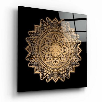 Stunning gold mandala glass wall art panel in black