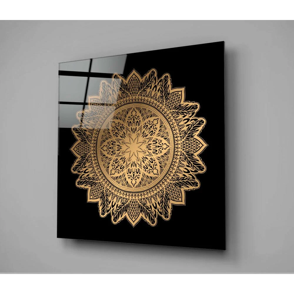 Stunning gold mandala glass wall art panel in sleek black