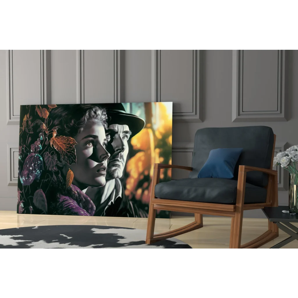 Stylized glowing autumn portrait canvas wall art of man and woman in profile with luminous orbs