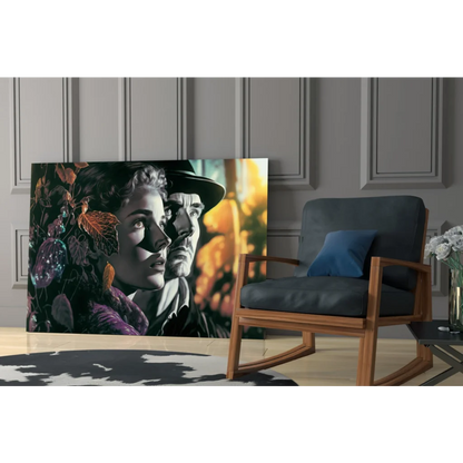 Stylized glowing autumn portrait canvas wall art of man and woman in profile with luminous orbs