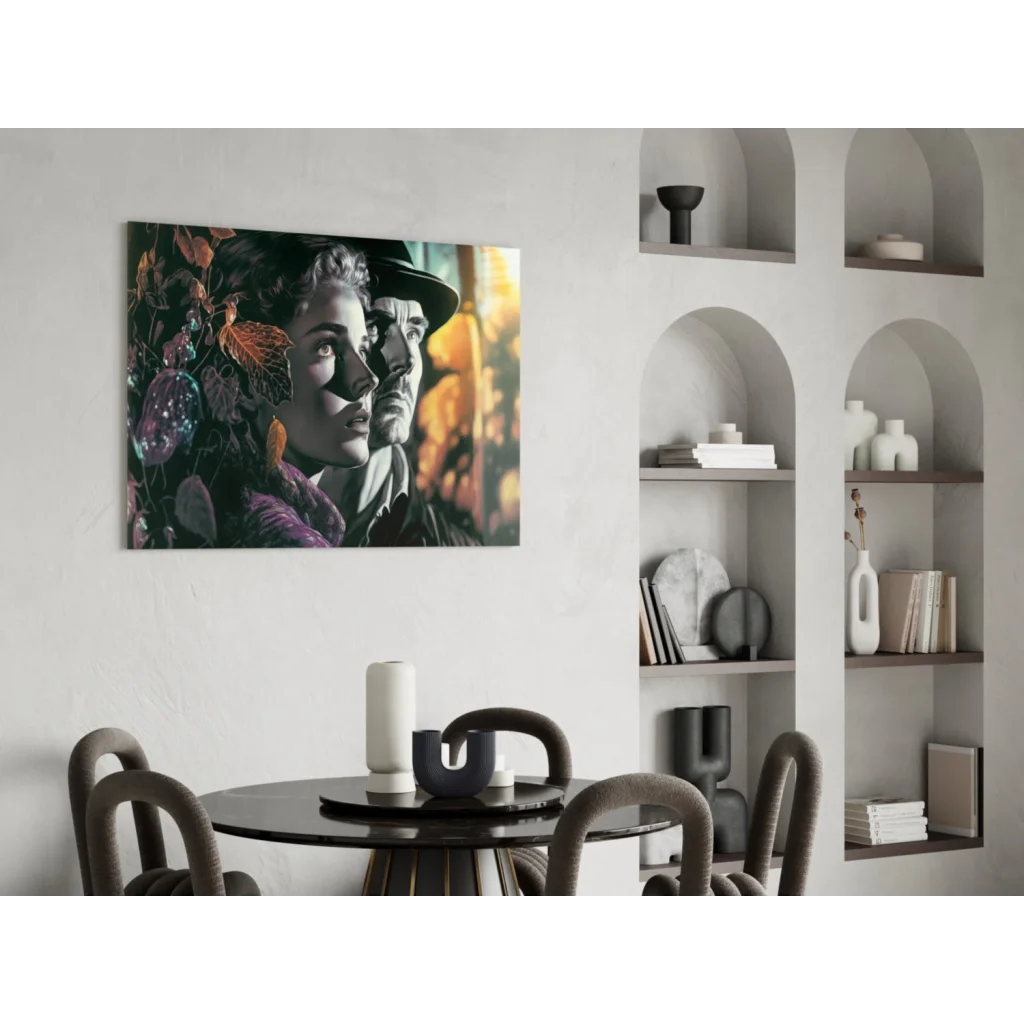 Vibrant mixed-media glowing autumn portrait canvas wall art with luminous orbs