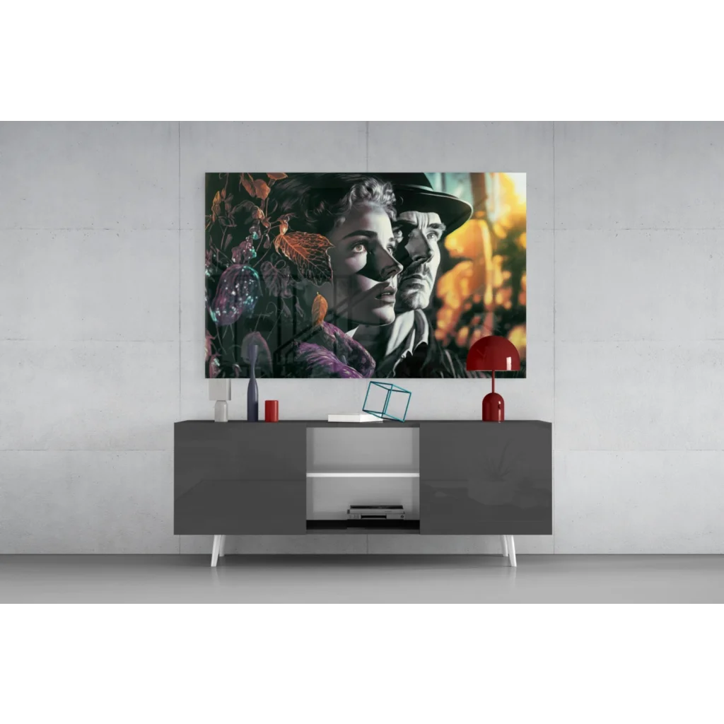 Vibrant mixed-media portrait wall art canvas with glowing autumn foliage and luminous orbs