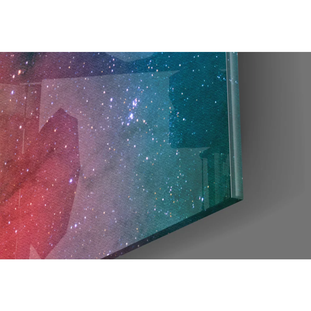 Vibrant cosmic glass wall art with pink-to-teal galaxy stars