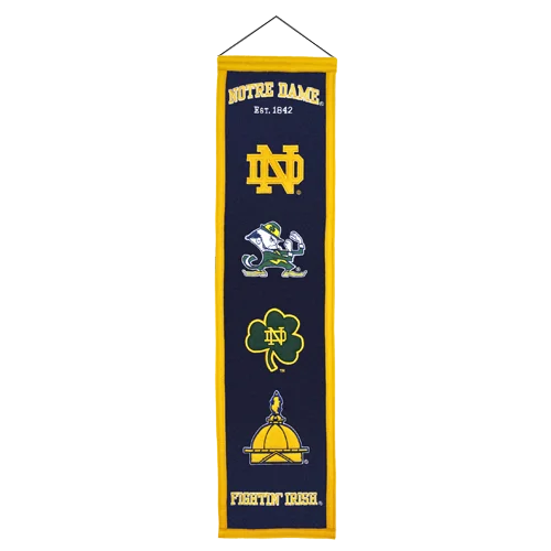 Notre Dame heritage banner with navy blue background, gold accents, team logos