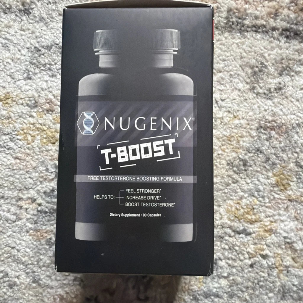 Nugenix T Boost free testosterone booster supplement box, dark bottle