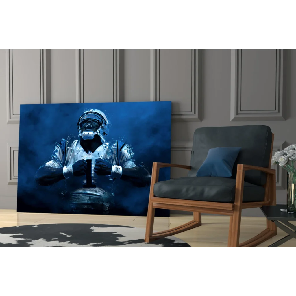 Blue canvas wall art of top football player in helmet holding ball