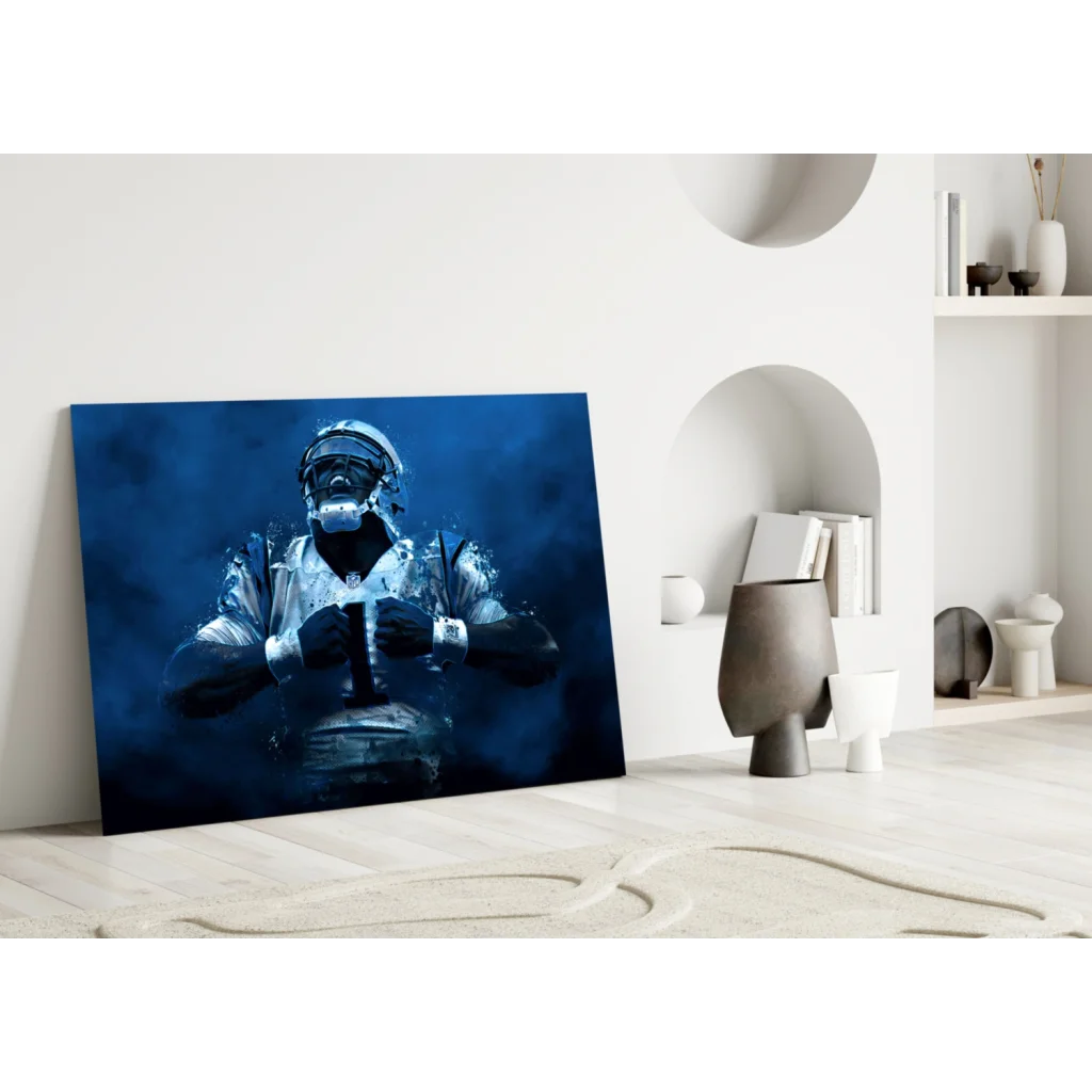 Blue canvas wall art of top football player in uniform