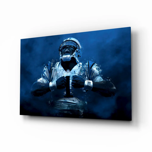 Blue-toned football player in silver helmet and number one jersey wall art