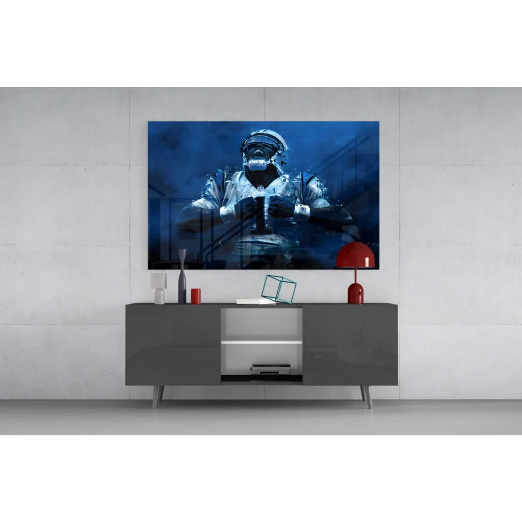 Blue-toned football player wall art poster in framed glass