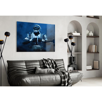 Blue-toned canvas wall art of top football player in gear on wall