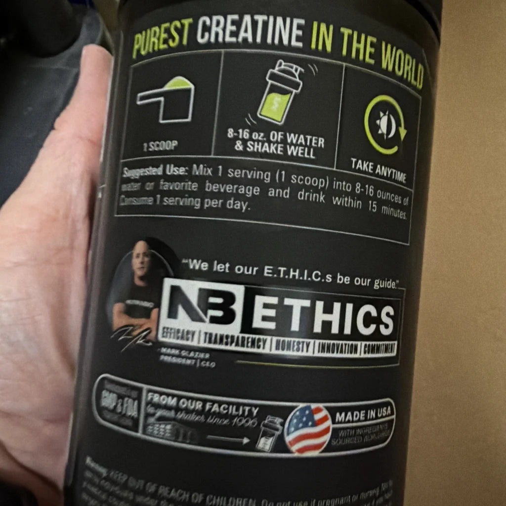 NutraBio pure micronized creatine monohydrate powder black container
