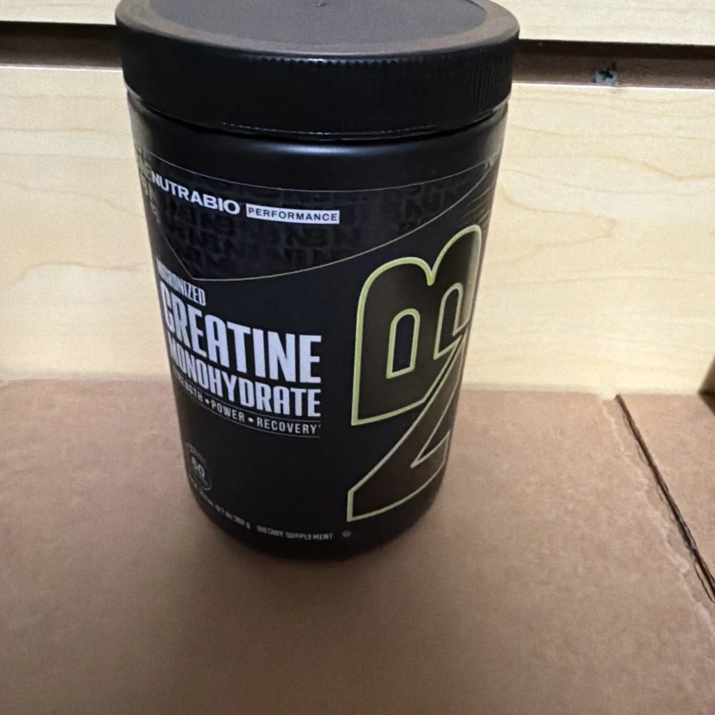 NutraBio pure micronized creatine monohydrate powder black container