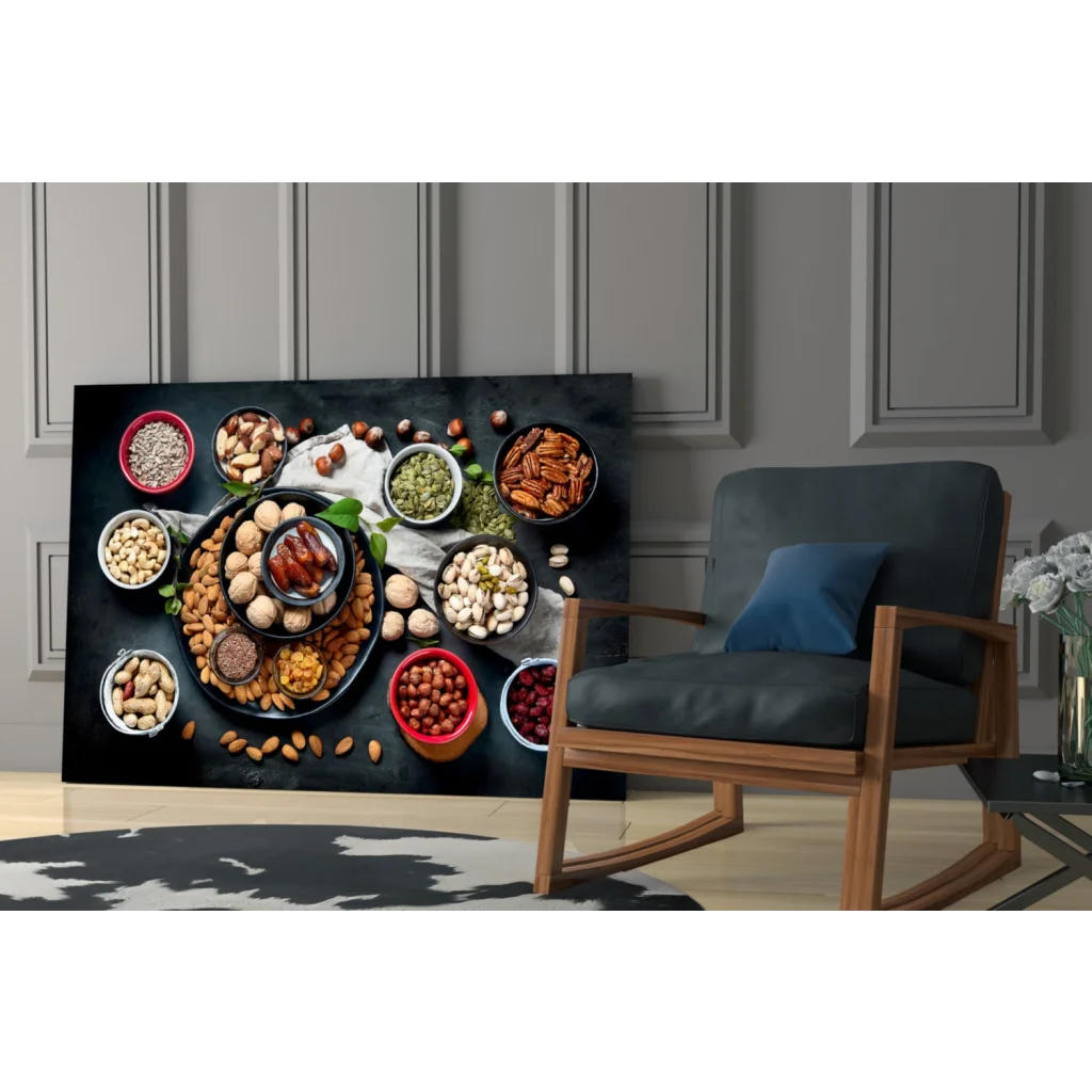 Black canvas wall art of nuts and dried fruits in bowls on dark surface