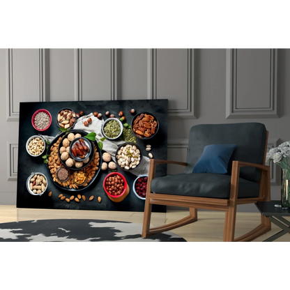 Black canvas wall art of nuts and dried fruits in bowls on dark surface