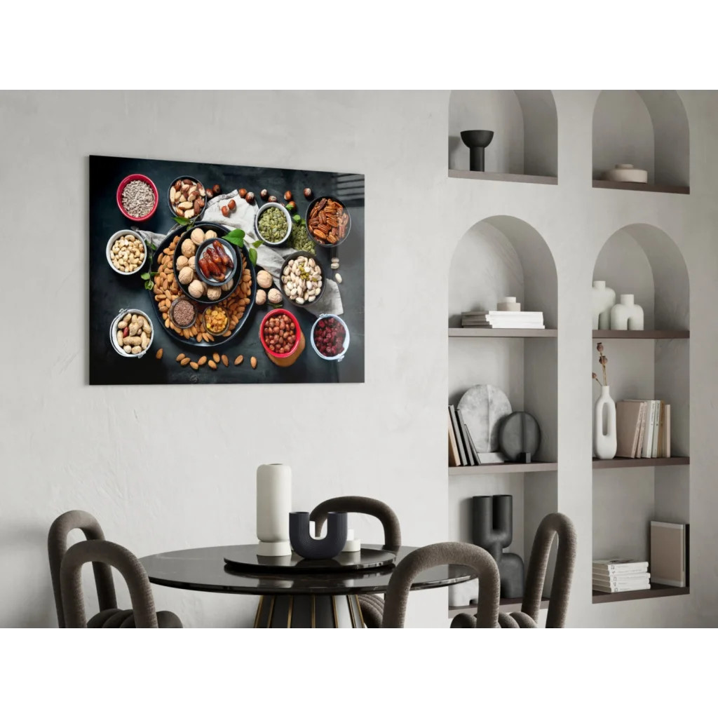 Vibrant nuts and seeds in bowls on black-framed canvas wall art