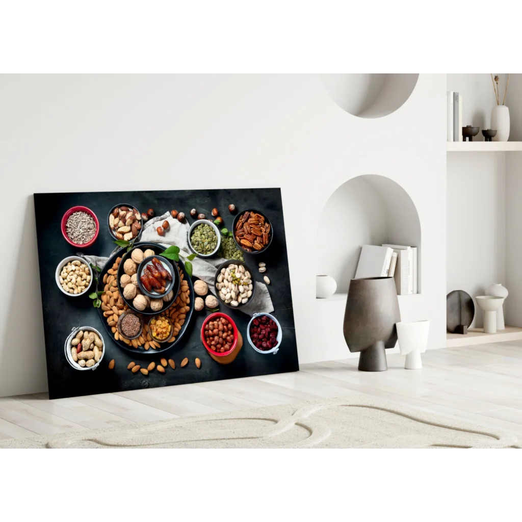 Black canvas wall art of nuts and dried fruits in bowls