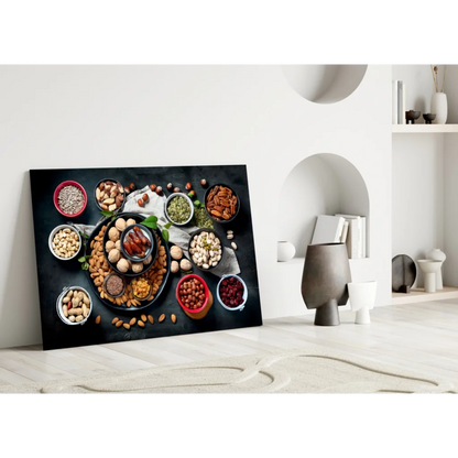 Black canvas wall art of nuts and dried fruits in bowls