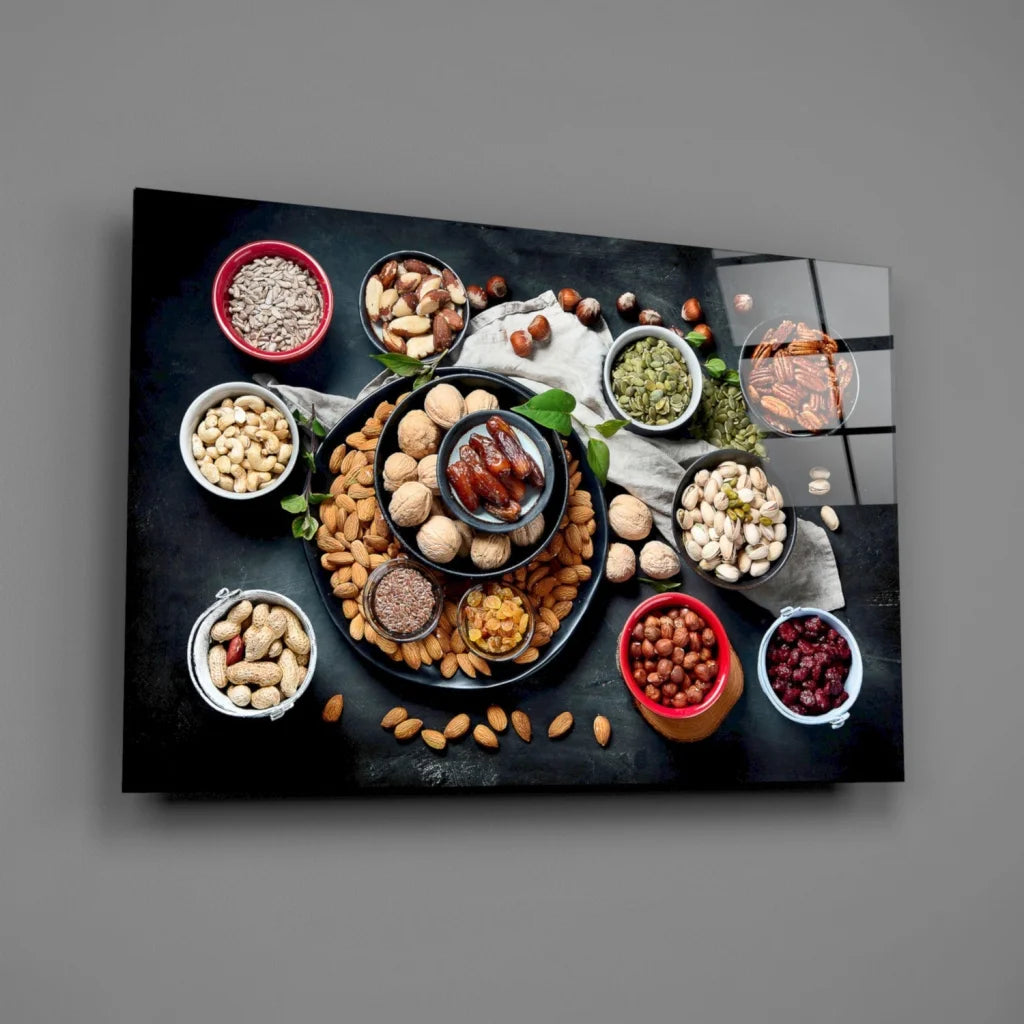 Vibrant nuts and dried fruits wall art on black canvas print