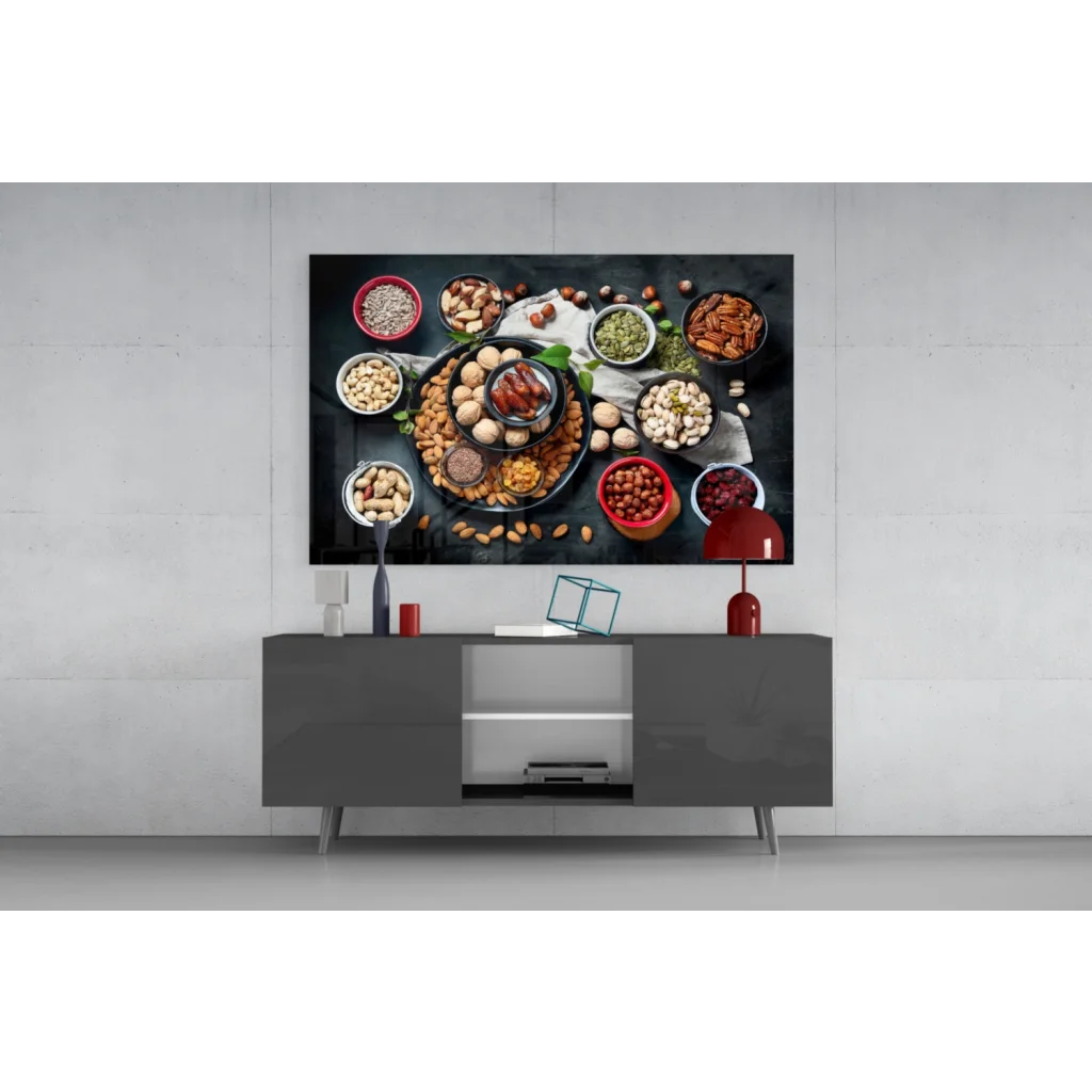 Vibrant nuts and dried fruits canvas wall art print on black surface