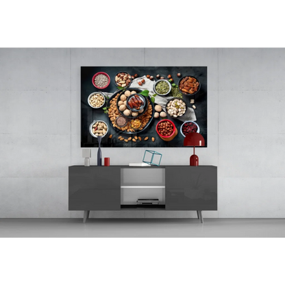Vibrant nuts and dried fruits canvas wall art print on black surface