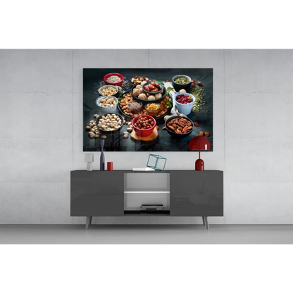 Vibrant nuts and seeds in colorful bowls wall art print