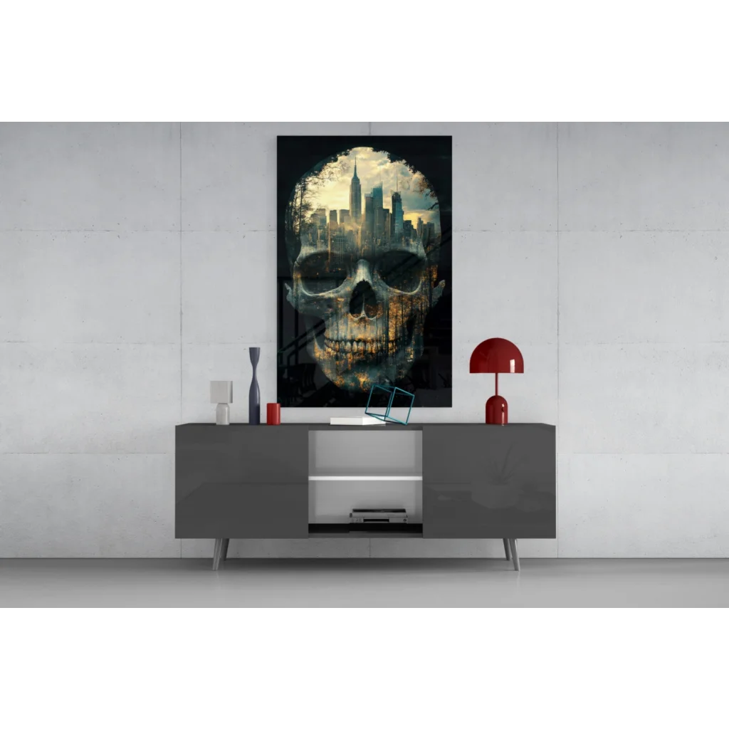 NYC Skull Cityscape black glass wall art with urban skyline skull