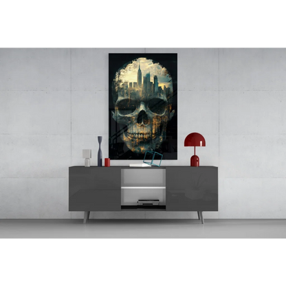 NYC Skull Cityscape black glass wall art with urban skyline skull