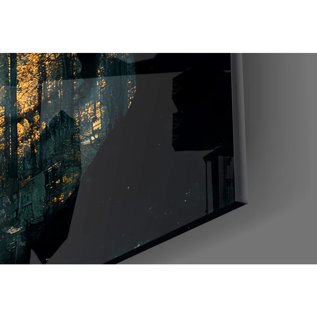 Sleek black-framed glass wall art with vivid abstract forest in gold and teal