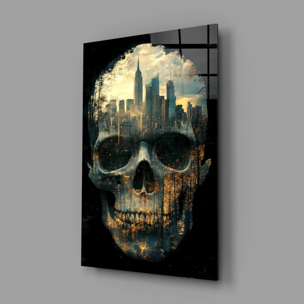 Dark glossy NYC Skull Cityscape glass wall art in black and gold