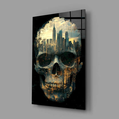 Dark glossy NYC Skull Cityscape glass wall art in black and gold