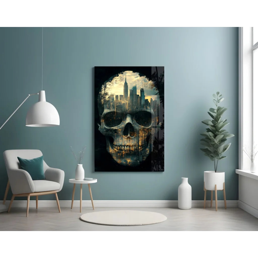 Striking NYC skull cityscape glass wall art in black and gold