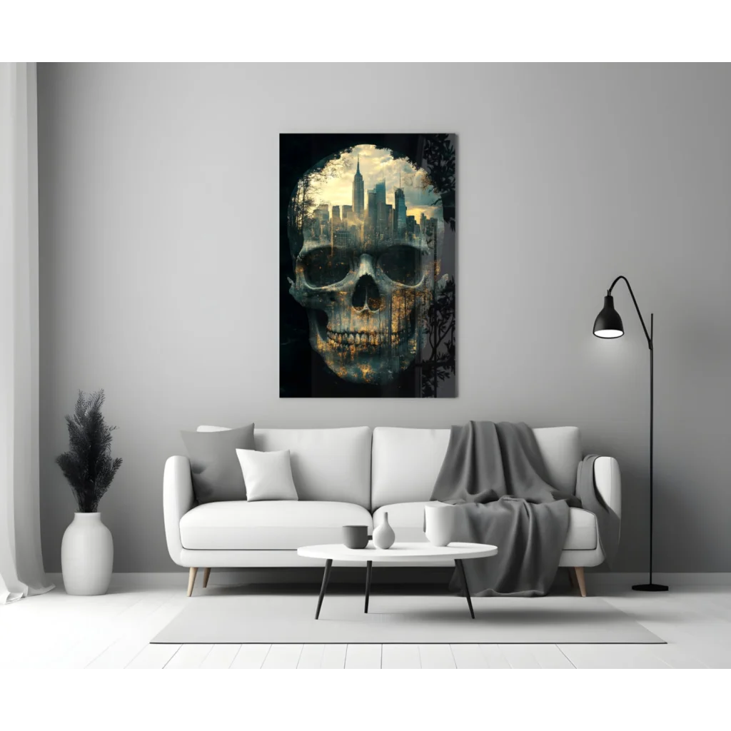 Striking black and gold NYC skull cityscape glass wall art on canvas