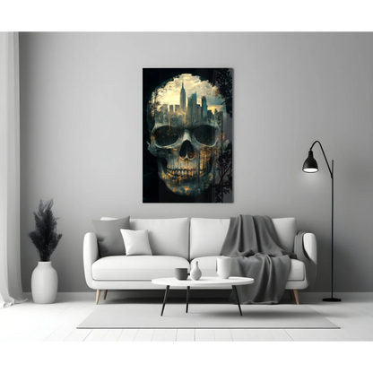 Striking black and gold NYC skull cityscape glass wall art on canvas