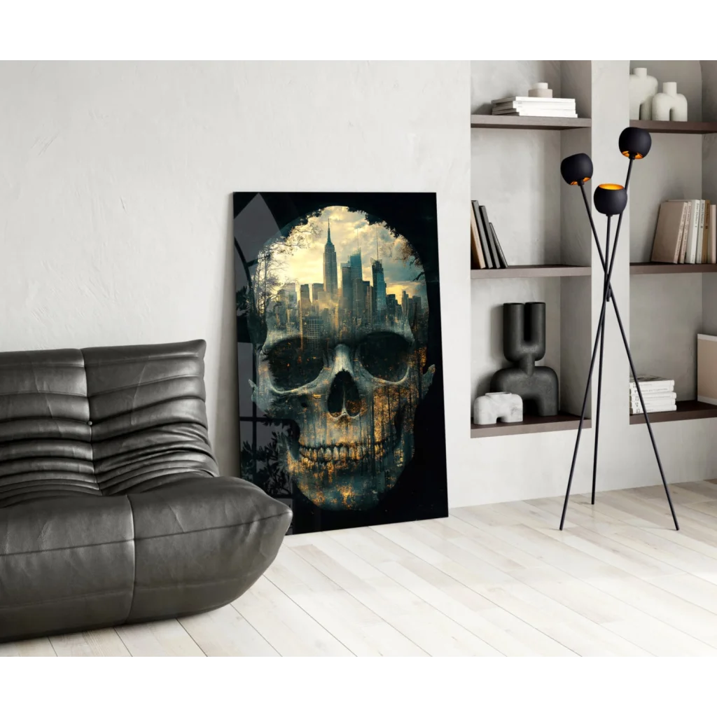 NYC skull cityscape black and gold glass wall art