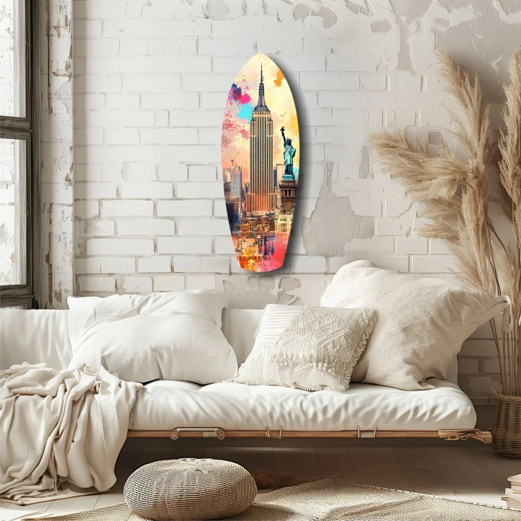 Vibrant NYC surfboard tempered glass art with Empire State Building, Statue of Liberty, and size comparison