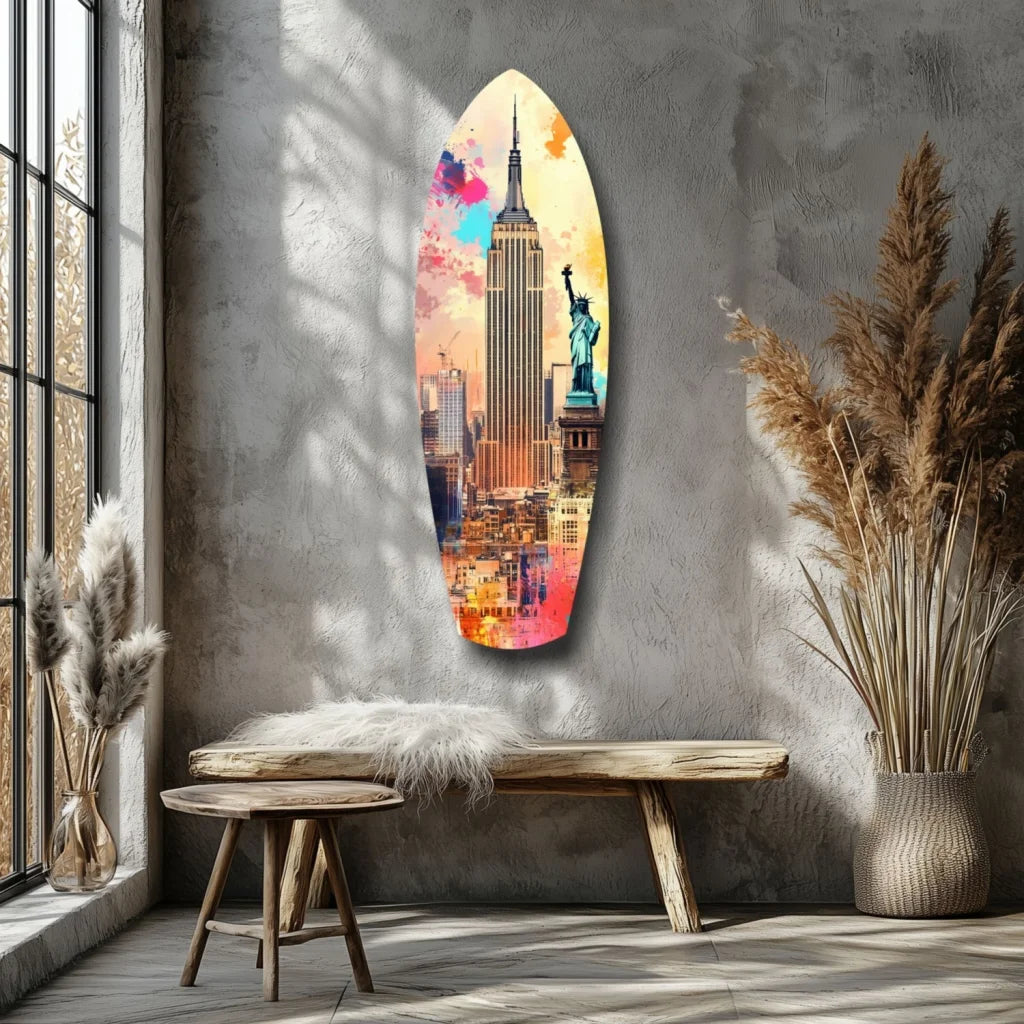 Vibrant NYC surfboard tempered glass art with Empire State Building, Statue of Liberty, size comparison