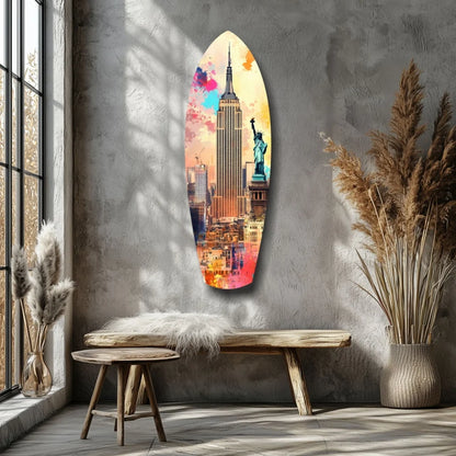 Vibrant NYC surfboard tempered glass art with Empire State Building, Statue of Liberty, size comparison