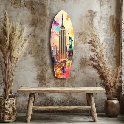 Vibrant NYC surfboard tempered glass art with Empire State Building, Statue of Liberty, and size comparison
